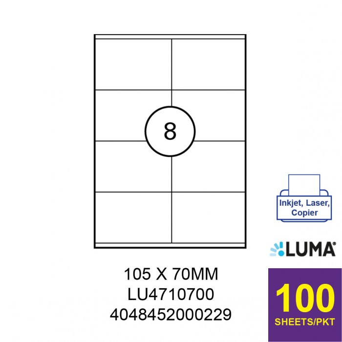 LUMA LU4710700 LABEL FOR INKJET / LASER / COPIER 100 SHEETS/PKT WHITE 105X70MM